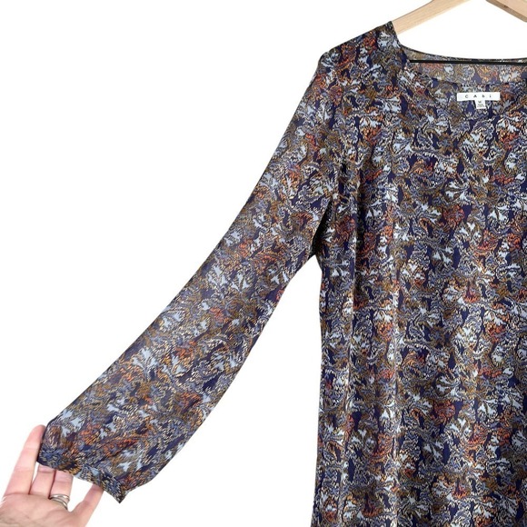 Cabi Tapestry Print Long Sleeve Sheer Blouse in Blue and Orange, Size Medium - Picture 7 of 12